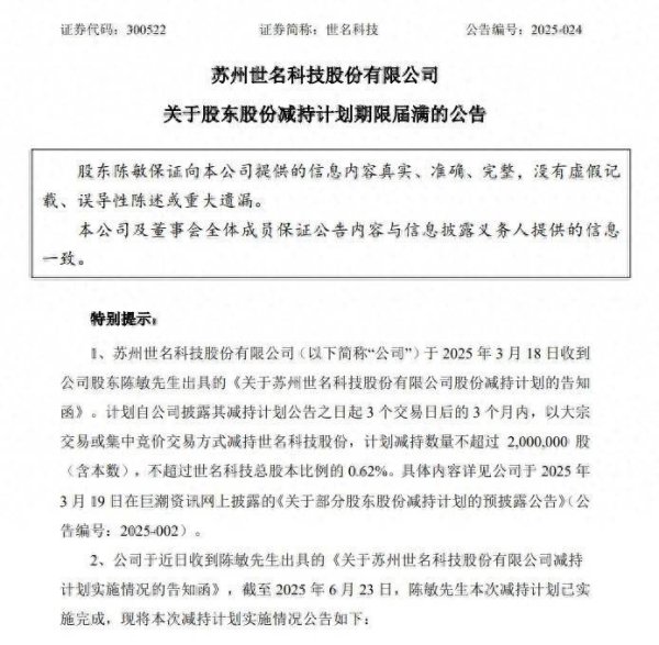 宝贷配资 世名科技：股东陈敏减持计划实施完毕 共减持125万股公司股份